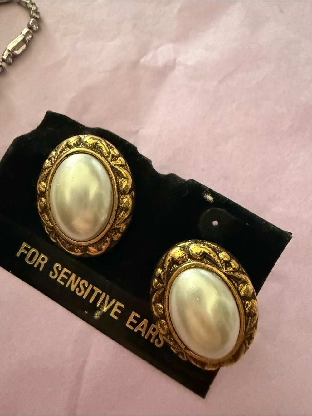 Vintage Faux Pearl Oval Stud Earrings Ornate Gold Tone Large Statement